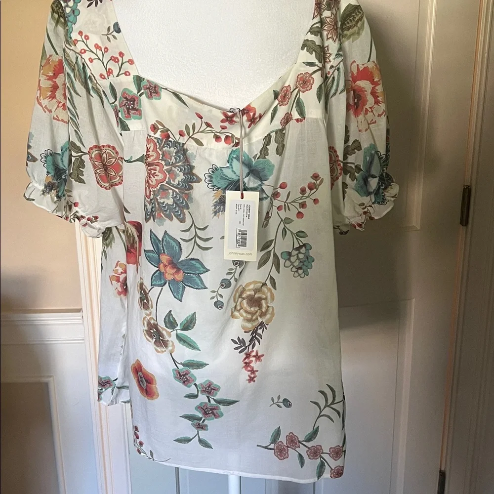 NWT Johnny Was Ekru Ardell Puff Sleeve Top in Ivory Floral Print Sheer Blouse XL - Picture 2 of 5